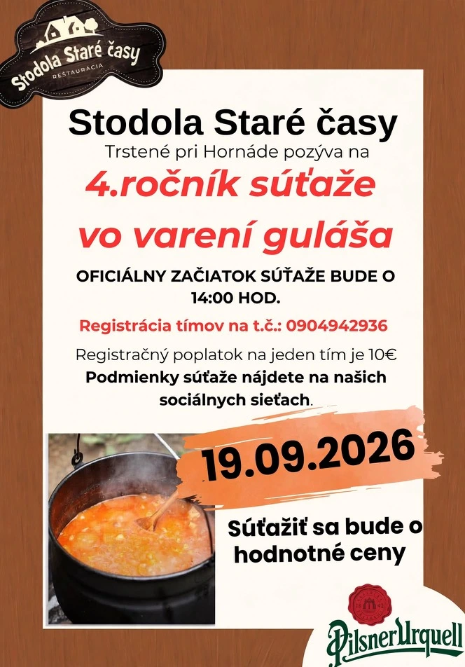 4. ročník súťaže vo varení guláša — 19. 9. 2026 v Stodole Staré časy